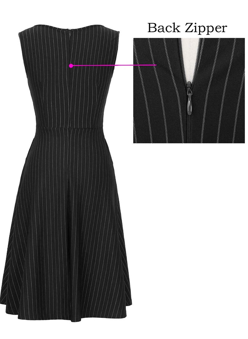 VFSHOW Womens Black and White Striped Print Elegant Slim Zipper up Pockets Work Business Office Party Skater A-Line Dress 2350 BLK M - Image 4
